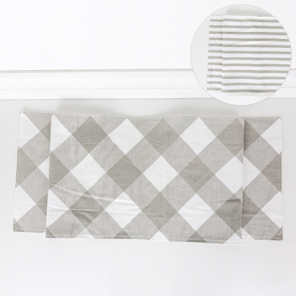 Christmas Double-Sided Table Runner - Gray & White Check/Stripe