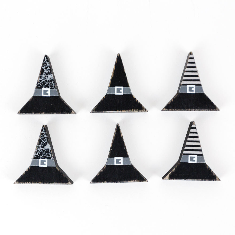 Witch Hat Wood Shapes - Set of 6 Multicolor Halloween Decor