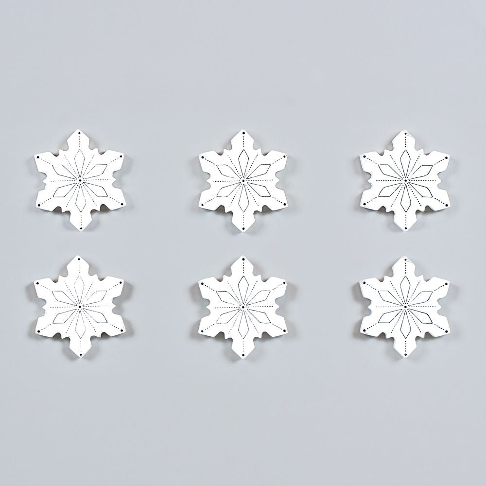Wood Snowflake Shapes - Set of 6 White & Black Christmas Decor