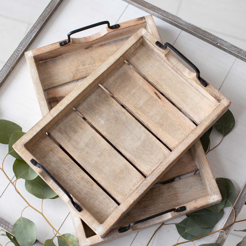 Mango Wood Nested Trays - Natural White (Set of 2)