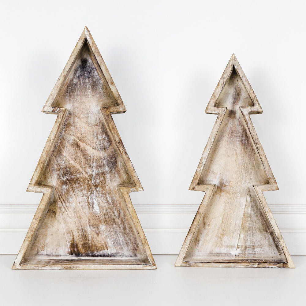 Mango Wood Nested Trays with Christmas Trees - Set of 2