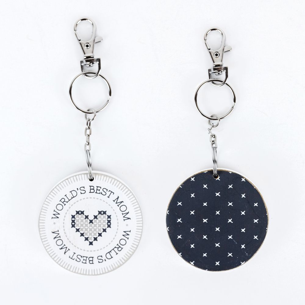 Mom Reversible Wood Keychain - White & Grey