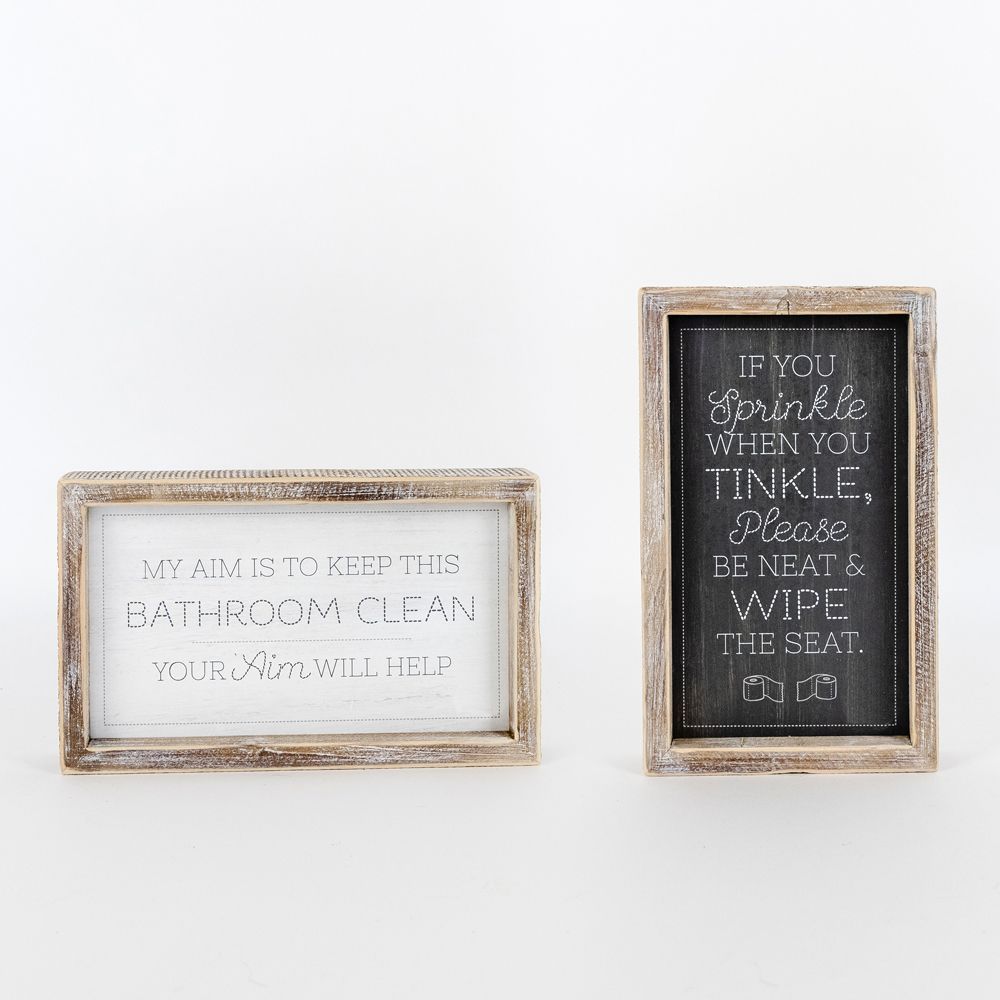 Reversible Wood Frame Bathroom Sign - Tinkle/Aim