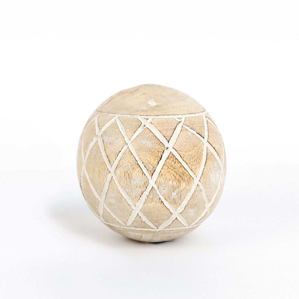 Mango Wood Diamond Ball Decor - Natural White