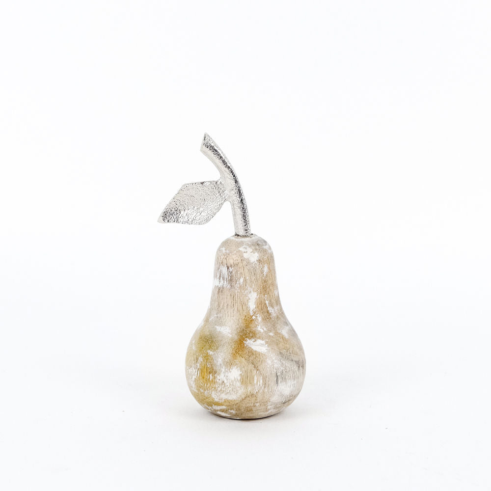 Mango Wood Pear Decorative Shape - Natural Silver Finish