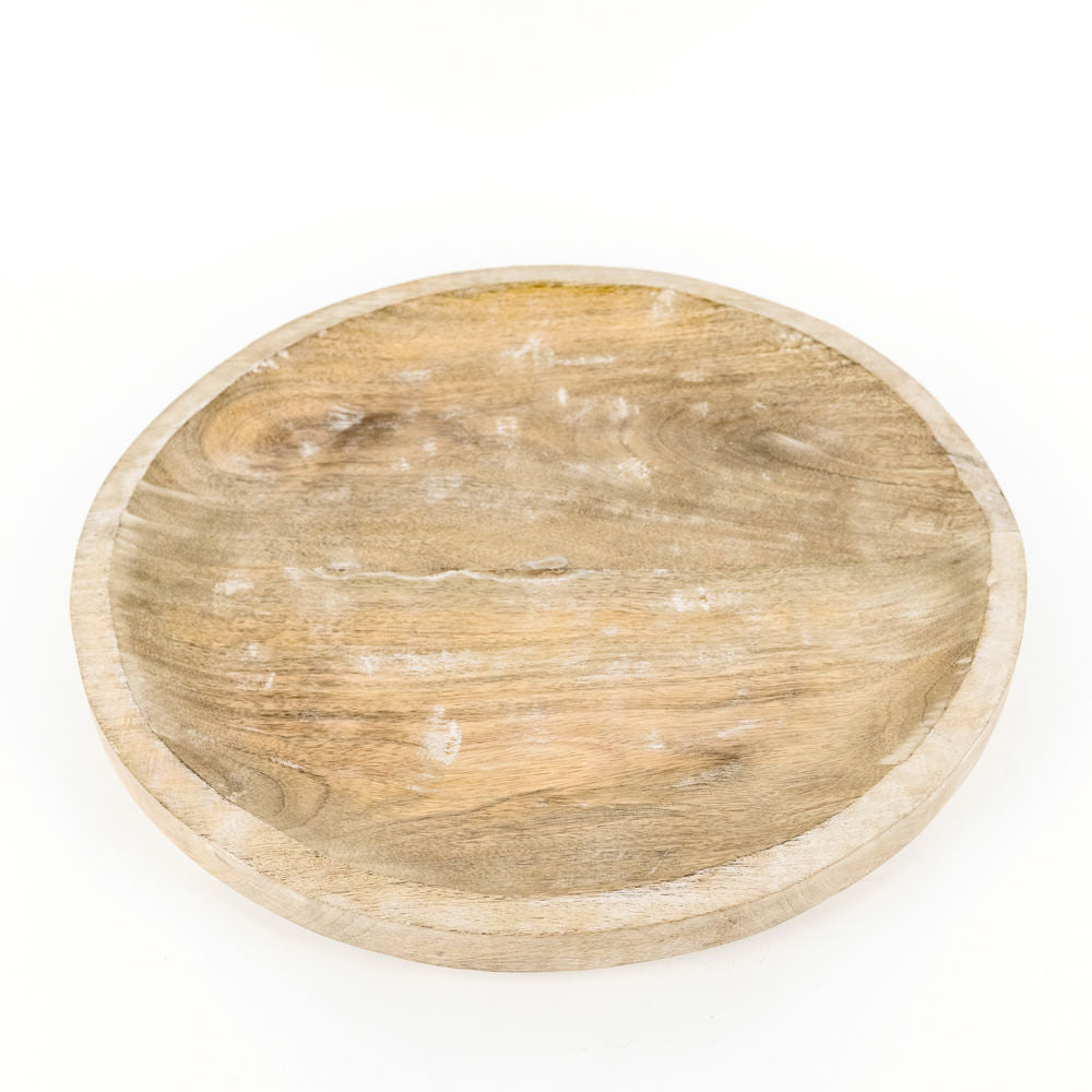 9" Mango Wood Round Tray in White Natural Finish