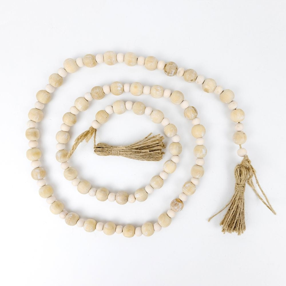 48" Bamboo Wood Bead Garland with Tassels - Natural & White