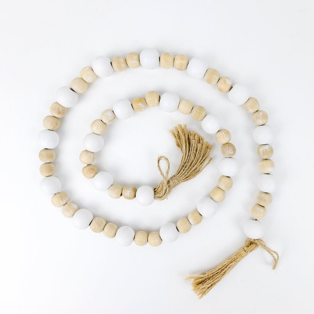 36" Bamboo Wood Bead Garland with Tassels - Natural & White