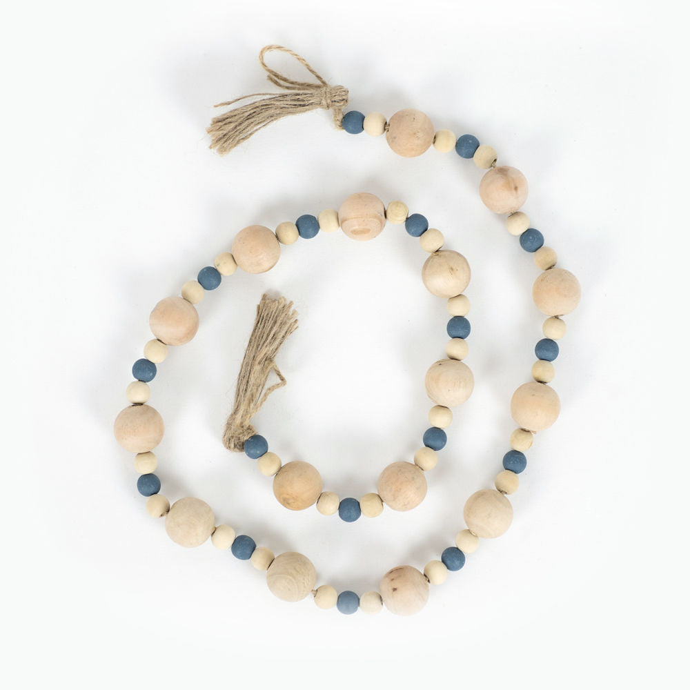 Wood Bead Garland with Tassels - Natural White & Blue