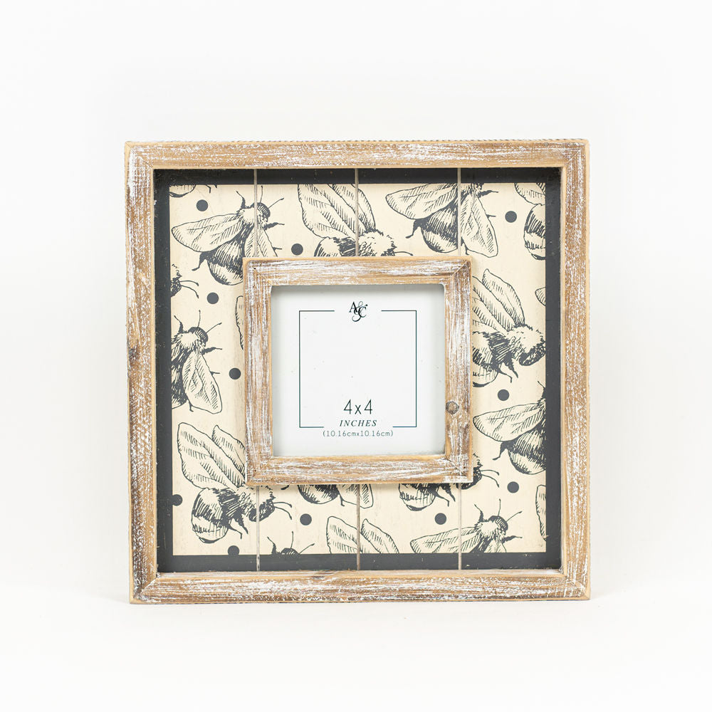 Bee Motif Wood Photo Frame | 10x10 Grey Tan