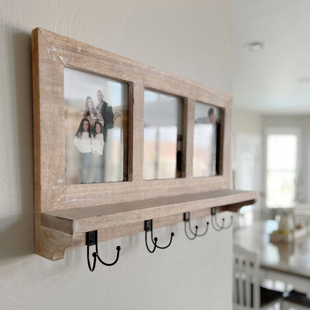 28" Mango Wood Shelf with Four Hooks