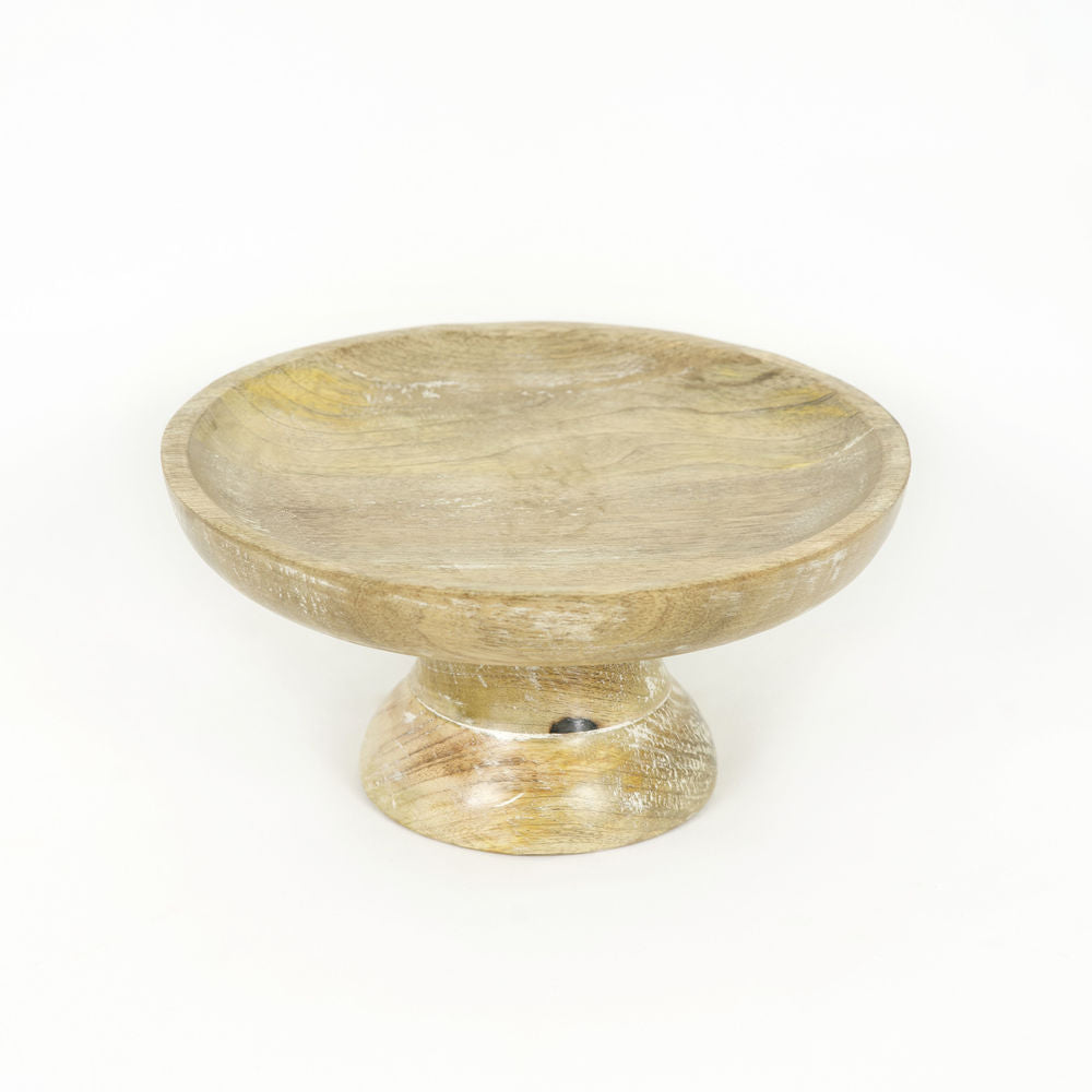10" Mango Wood Pedestal Bowl - Natural White