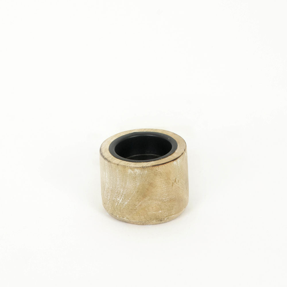 Mango Wood Round Tealight Holder - Natural & Black