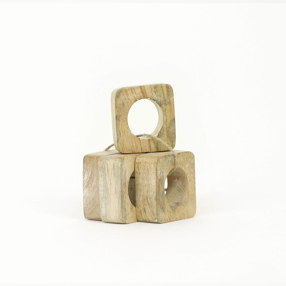 Mango Wood Square Napkin Rings - Set of 4