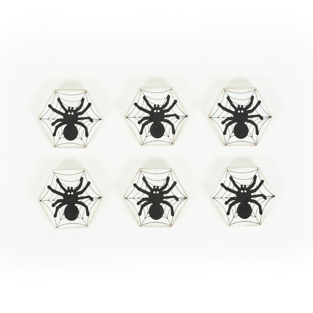 Wooden Spider Shapes Set of 6 - Black & White Halloween Decor