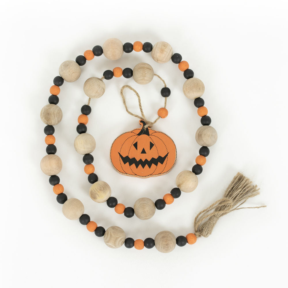 35" Wood Bead Garland with Tassels - Pumpkin Halloween Decor