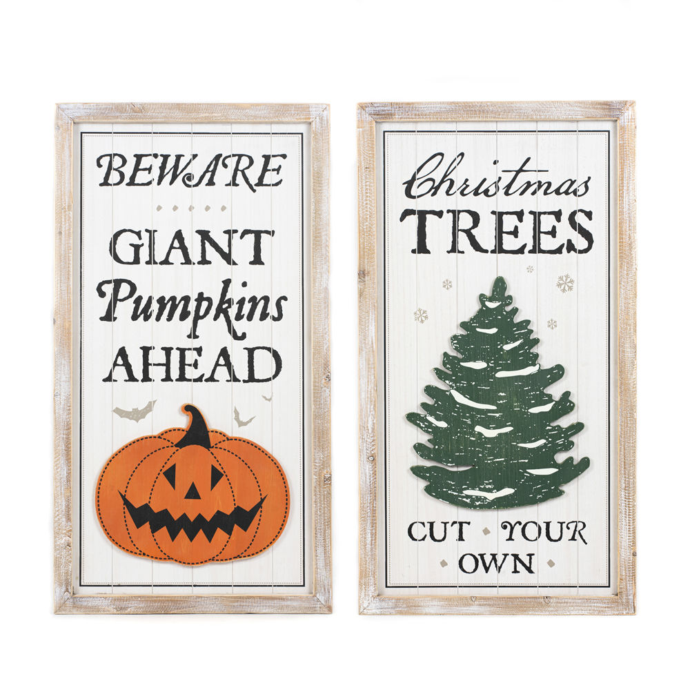 Reversible Wood Framed Seasonal Sign - Pumpkins & Christmas Trees