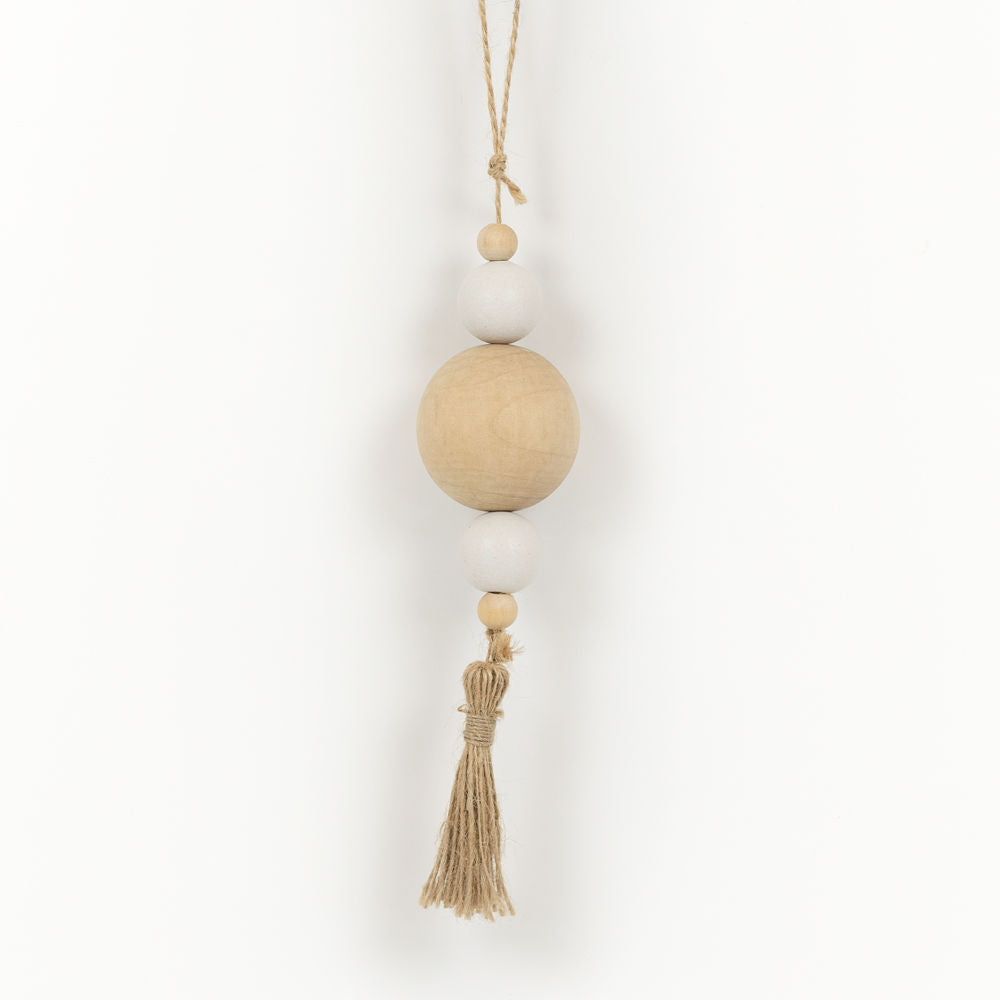 Wood Bead Ornament with Tassel - Neutral White