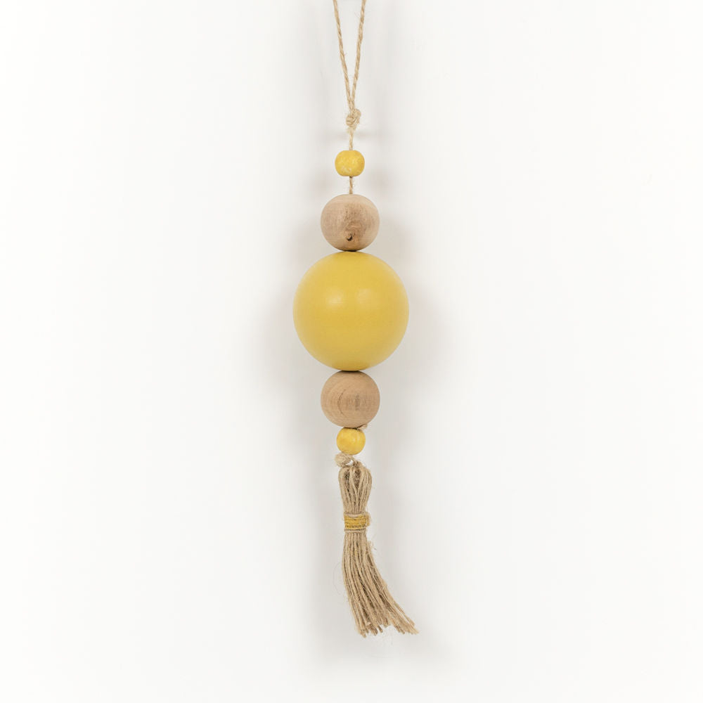 Wood Bead Ornament with Tassel - Yellow & Natural