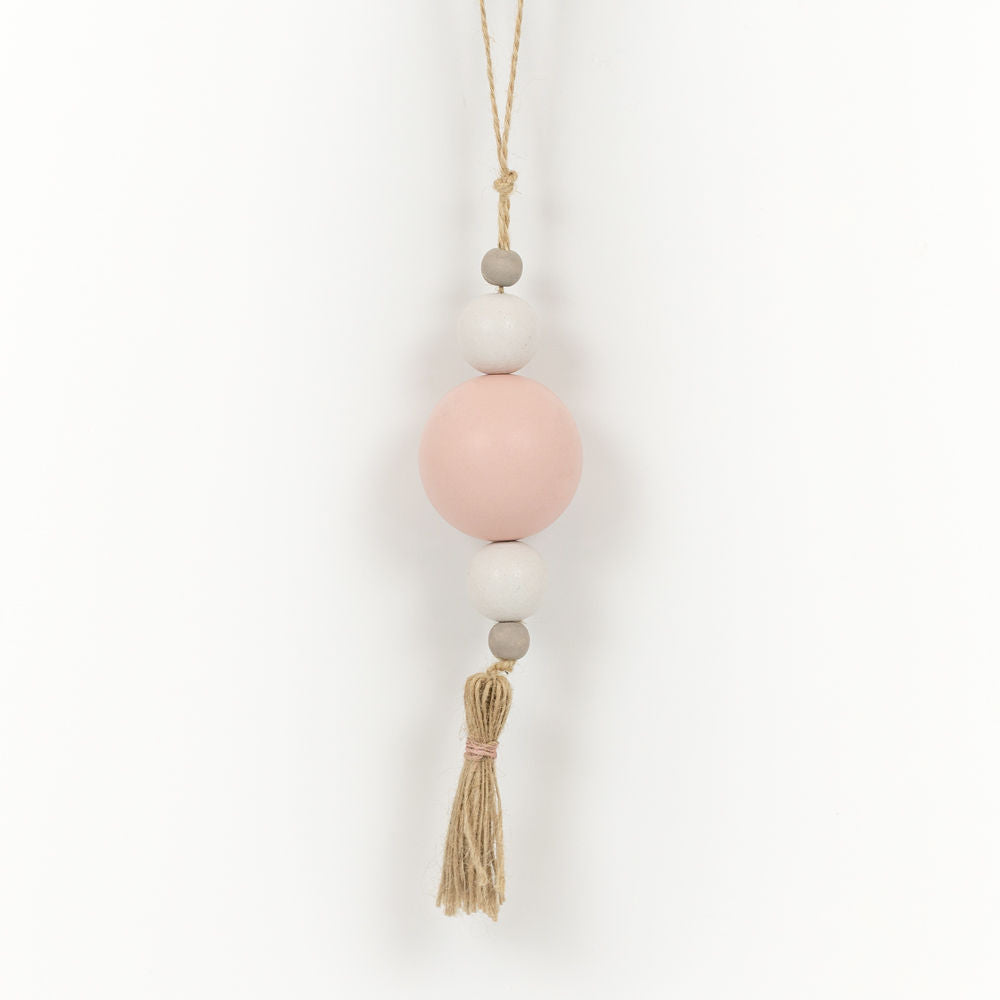 Wood Bead Ornament with Tassel - Pink, White & Gray