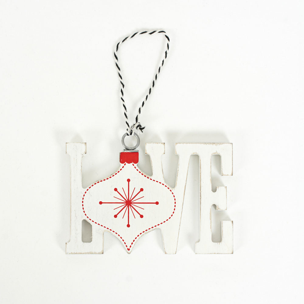LOVE Wood Ornament - White & Red Holiday Decor