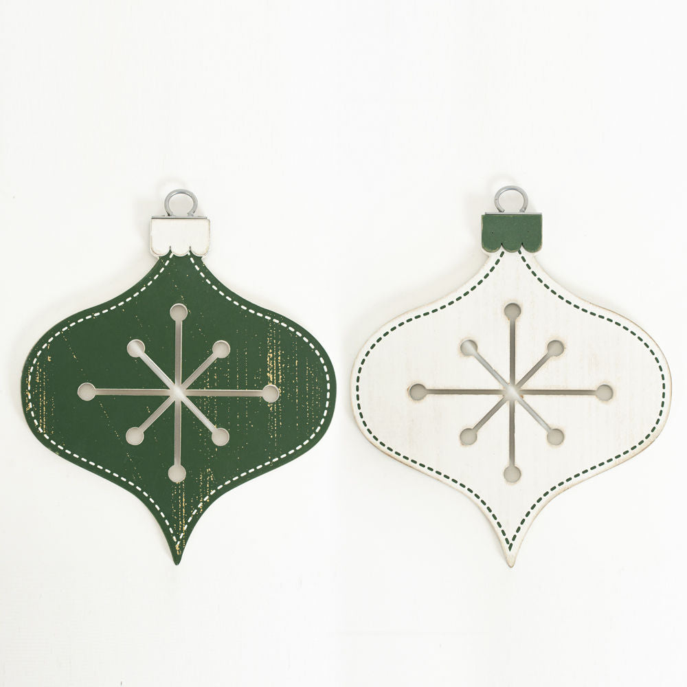 Mid-Century Christmas Teardrop Wood Ornament - White & Green