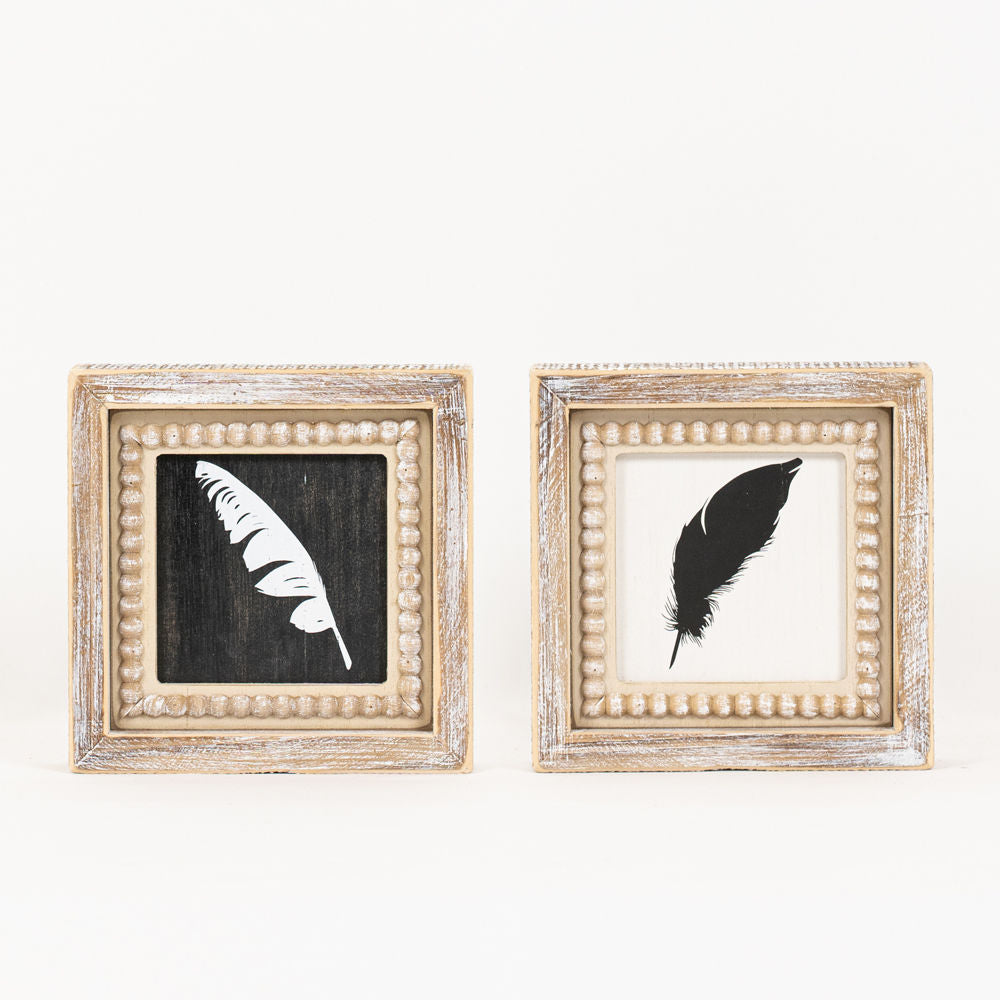 Reversible Wood Beaded Frame Sign - Feather Design