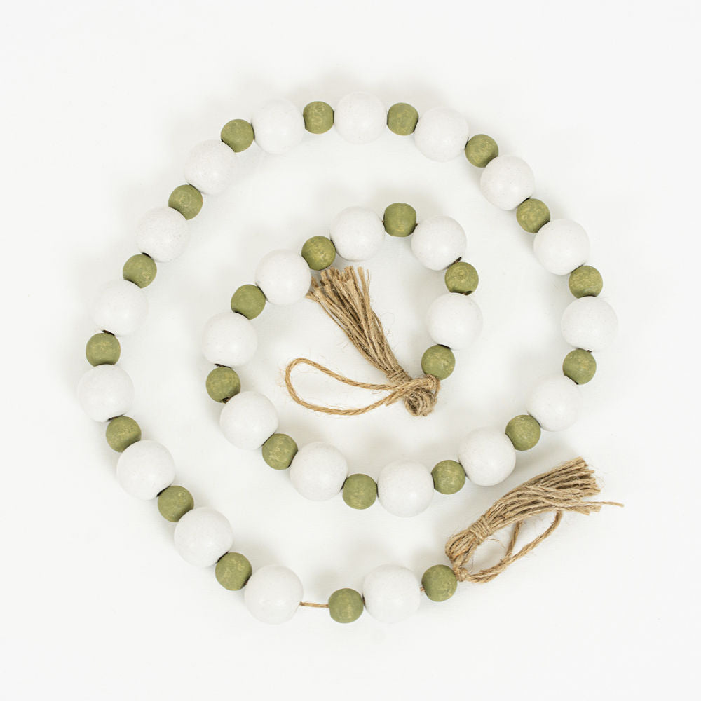 36" Wood Bead Garland with Tassels - White & Olive Green