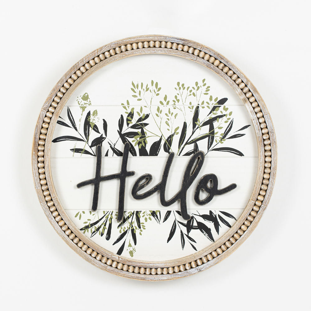 Hello Wood Beaded Frame Sign - Multicolor Olive Collection