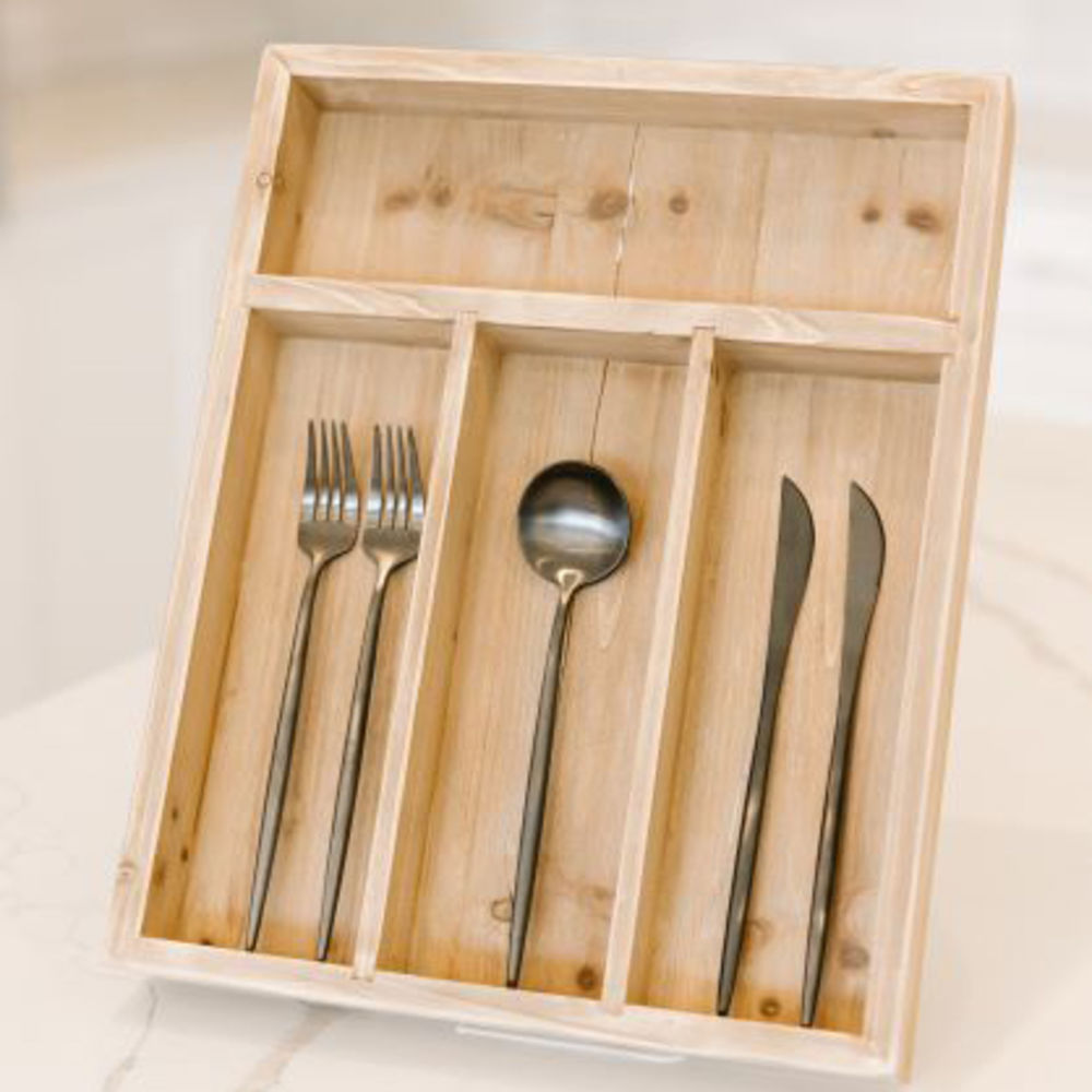 Wood Utensil Organizer Tray in Natural Finish