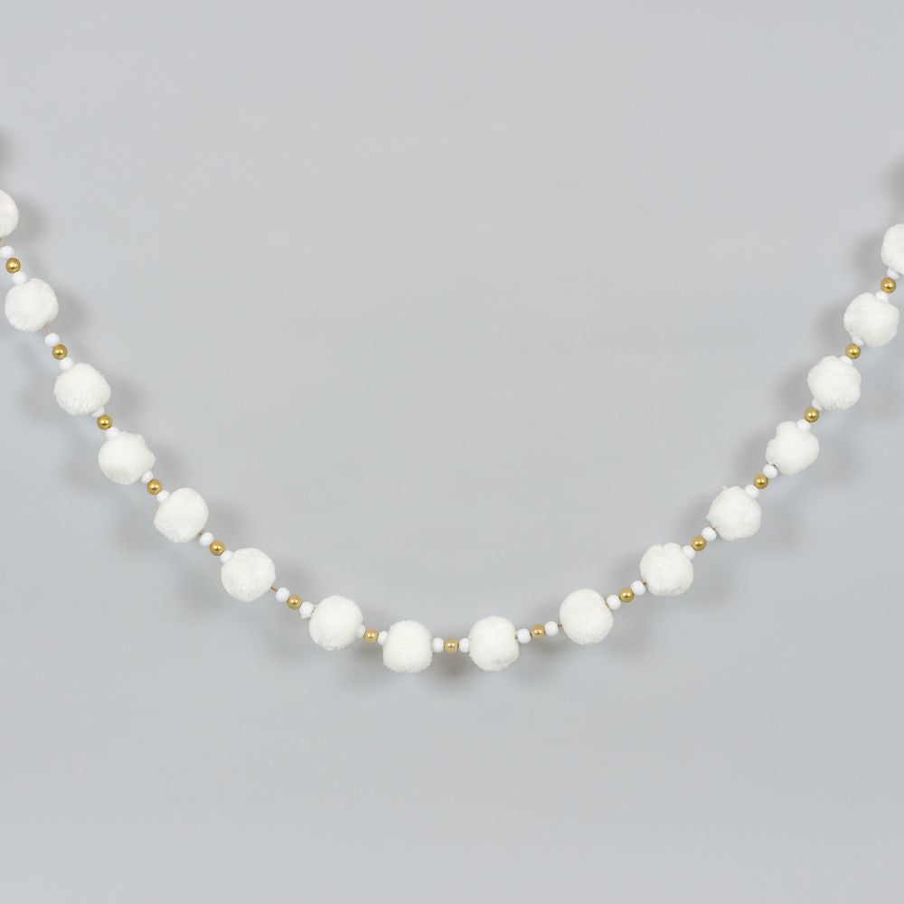 Wood Bead Pom Pom Garland - White & Gold