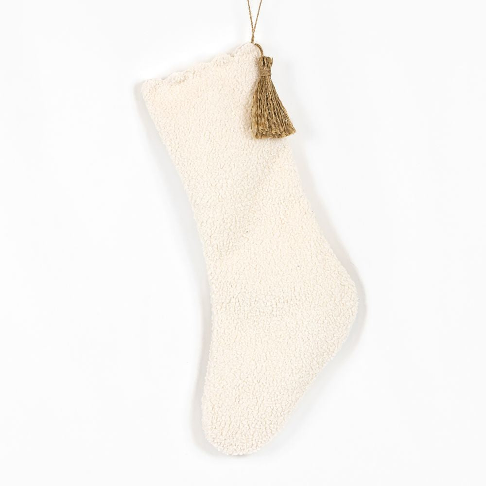 Cotton Christmas Stocking with Tassel - White & Brown