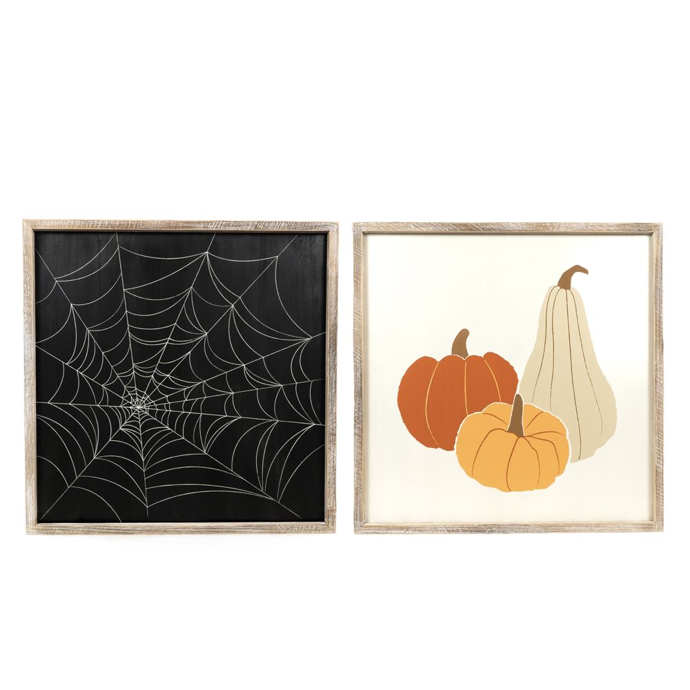 24" Reversible Halloween Harvest Wood Sign - Web & Gourd Design