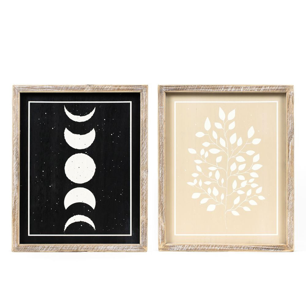 Reversible Wood Frame Sign - Moon/Plant Design