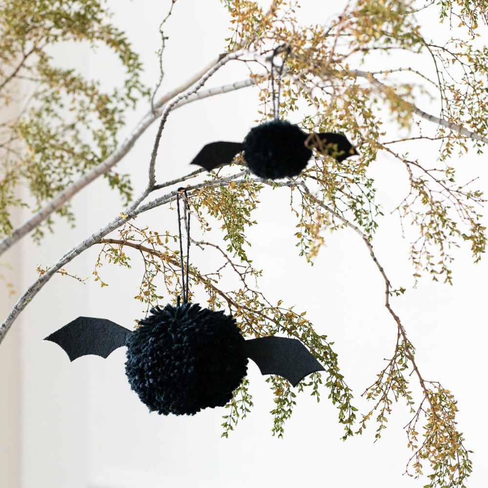 Black Pom Pom Bat Decorations - Set of 2