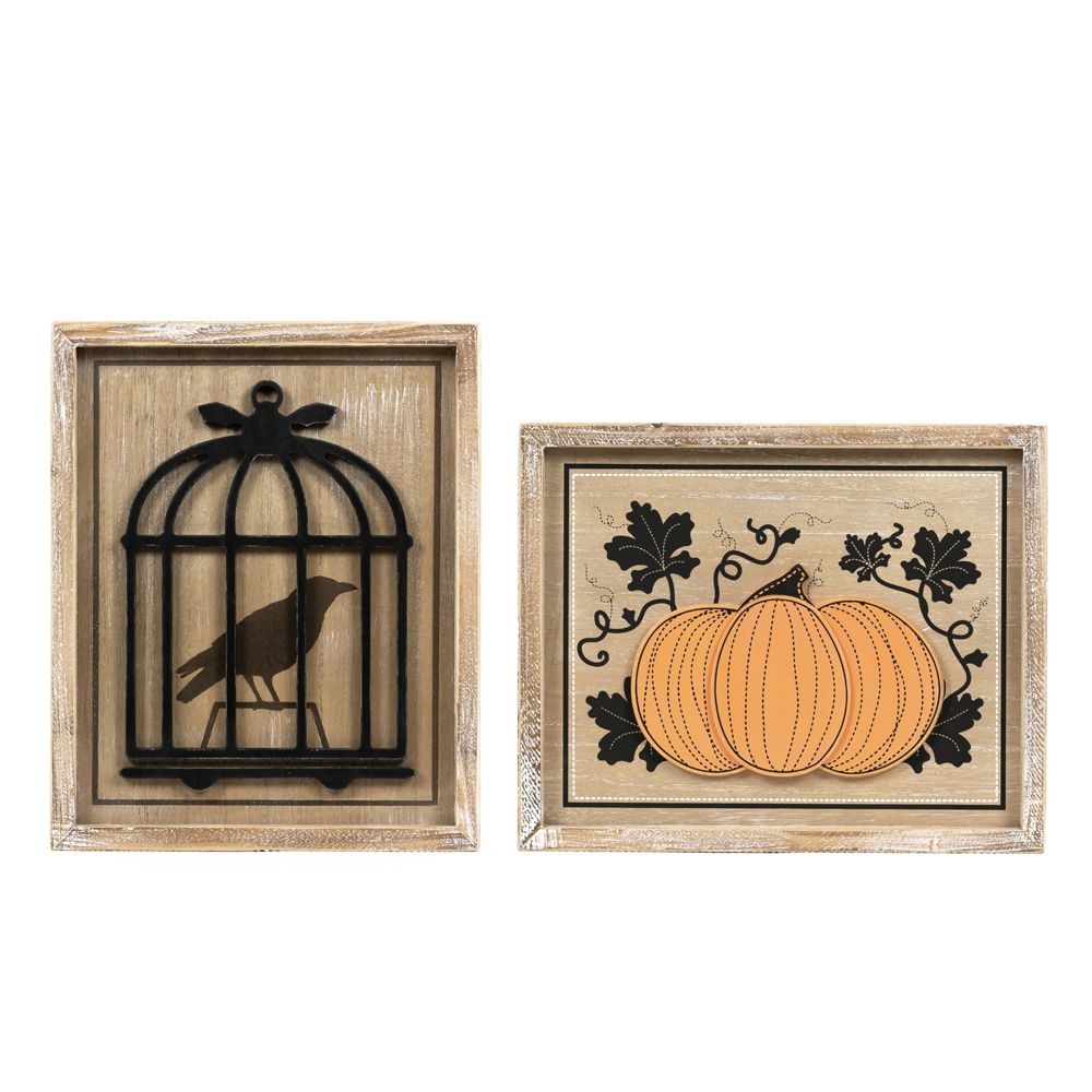 10x13 Reversible Wood Frame Sign - Raven & Pumpkin Motif