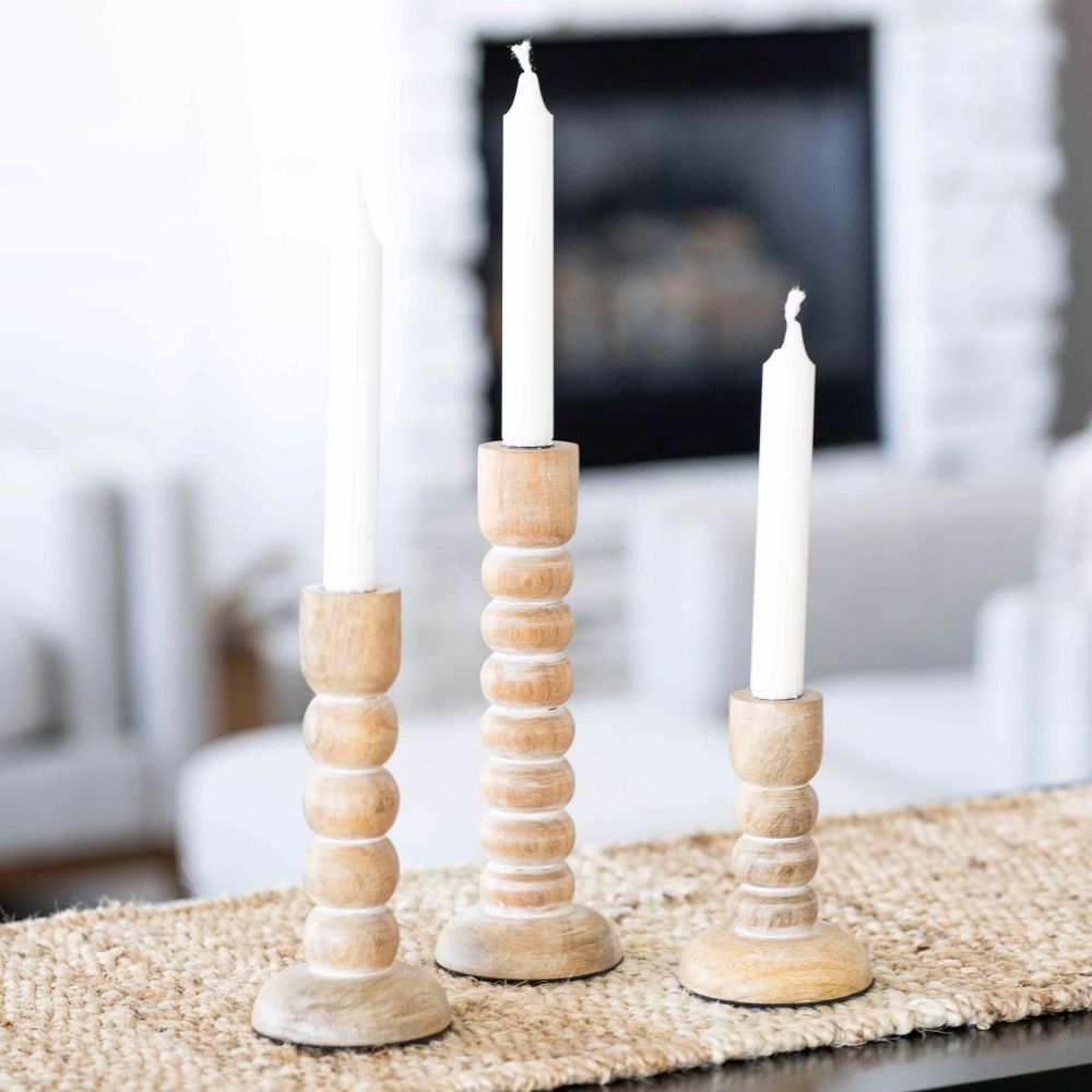 Mango Wood Candle Holders - Natural White Set of 3