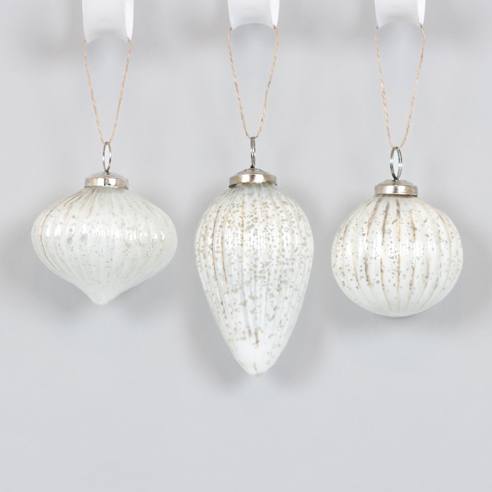 3x3x3 White Glass Ornaments - Set of 3