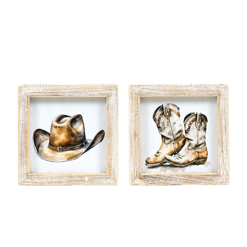 5x5 Reversible Wood Frame Sign - Hat & Boots Design