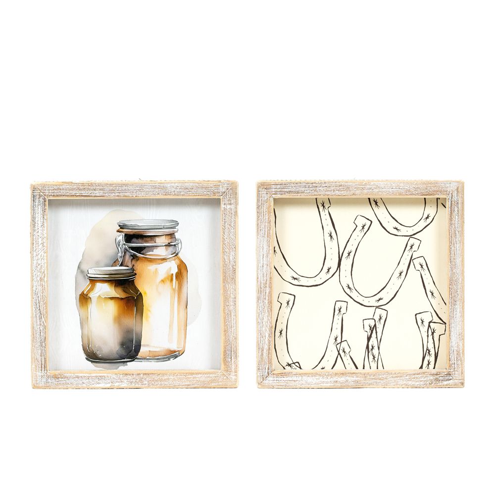 7x7 Reversible Wood Sign - Jars & Horseshoe Design