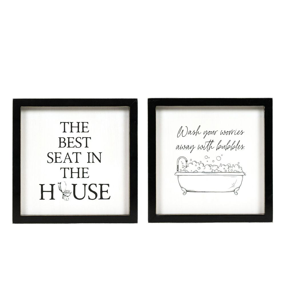 9x9 Reversible Bathroom Wood Sign - Wash Your Worries/Best Seat