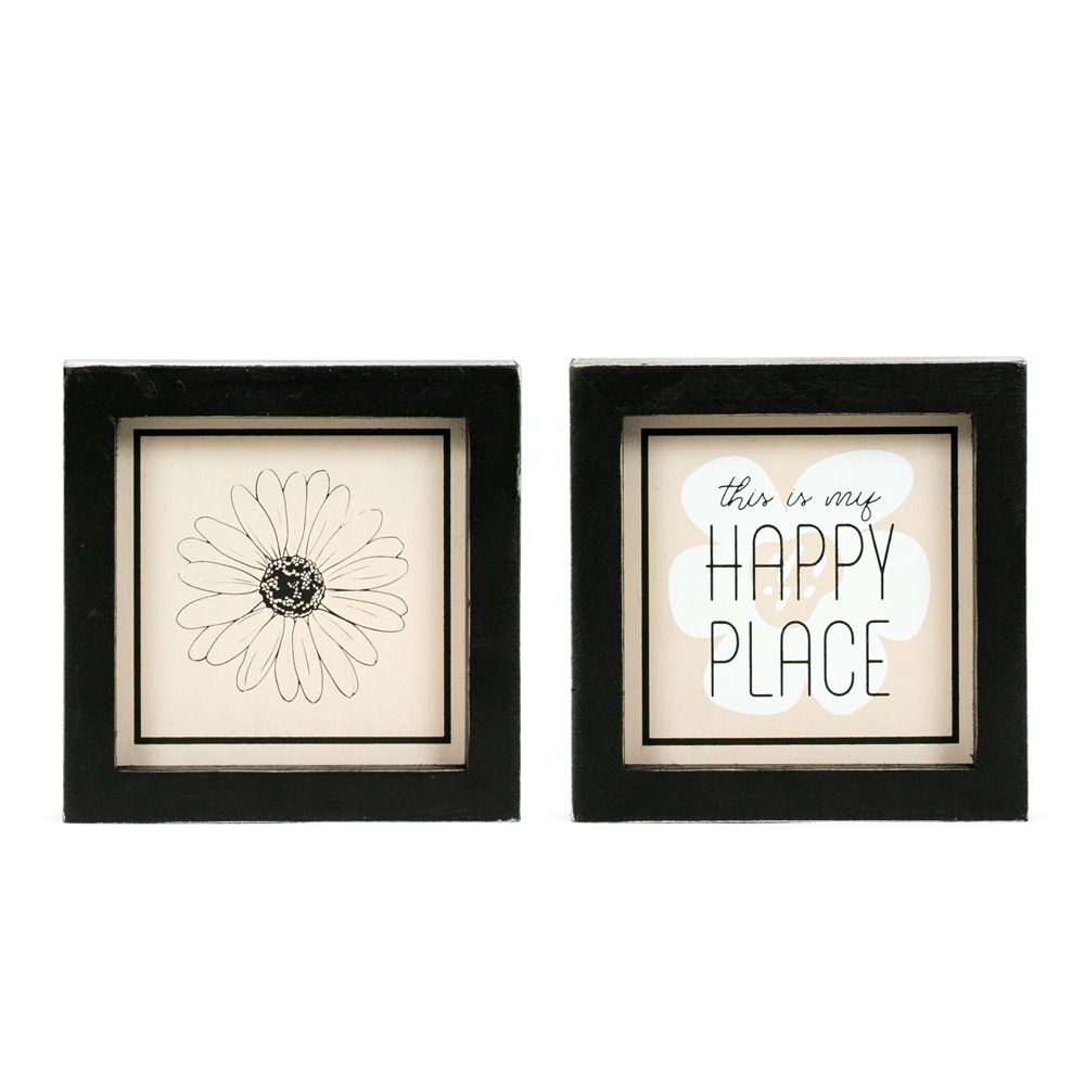 5x5 Reversible Wood Sign - Flower & Happy Place