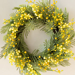 27" Fern and Mimosa Faux Wreath in Yellow and Green