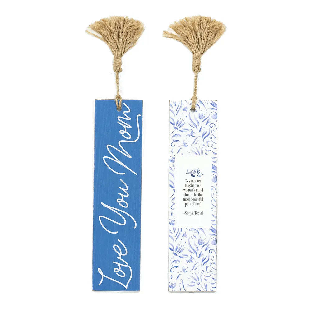 Two bookmarks with tassels, one blue and one with floral design, on a white background.