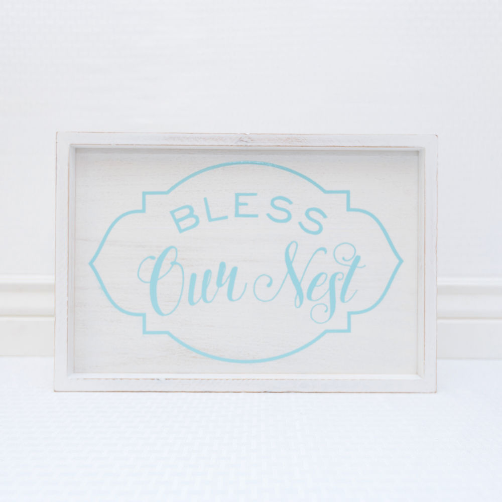 Bless Our Nest Wood Framed Sign in White and Blue