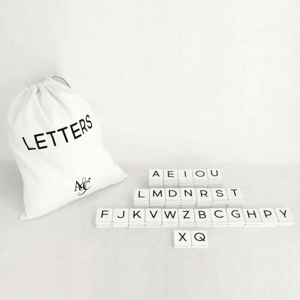 70 piece letter set, White tiles with black letters