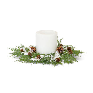 Cedar Candle Ring with Snow and Pinecones - 14"