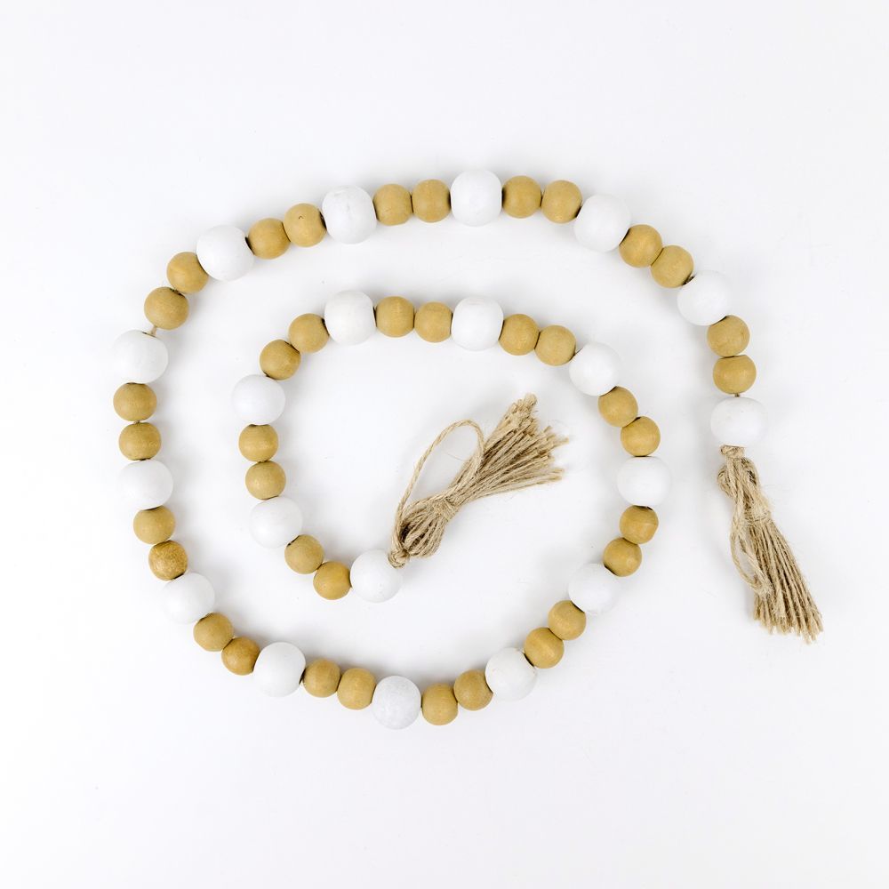 Bamboo Wood Bead Garland with Tassels - White & Amber