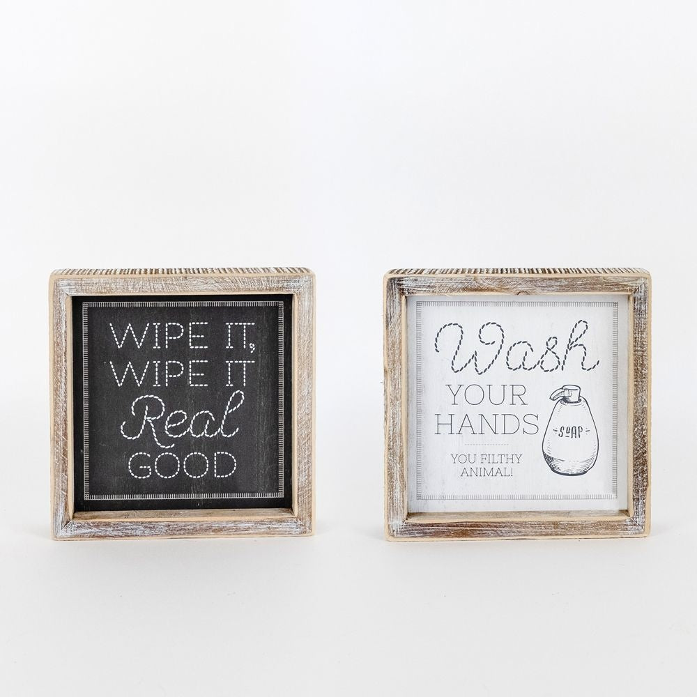 7" x 7" Reversible Framed Wood Sign ("Wipe It Real Good" / "Wash Your Hands") - White/Grey
