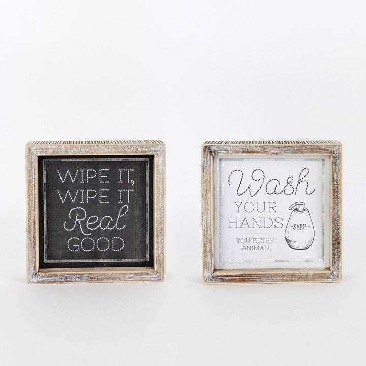 7" x 7" Reversible Framed Wood Sign ("Wipe It Real Good" / "Wash Your Hands") - White/Grey